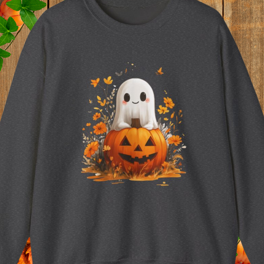 Halloween Fall Fun Ghost and Pumpkin Crewneck Sweatshirt