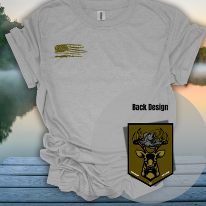 Hooked And Hunted Back Crest W/ Feathered American Flag Front Breasted T-Shirt