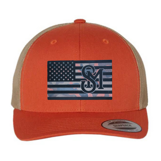 American Flag Rustic Orange Khaki Camo Patch 6 Panel Mesh Trucker Hat