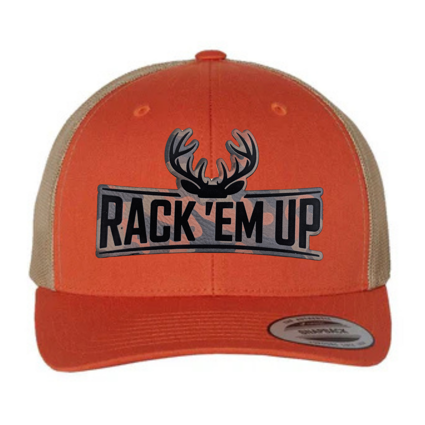 Rackem Up Rustic Orange Khaki Camo Patch 6 Panel Mesh Trucker Hat