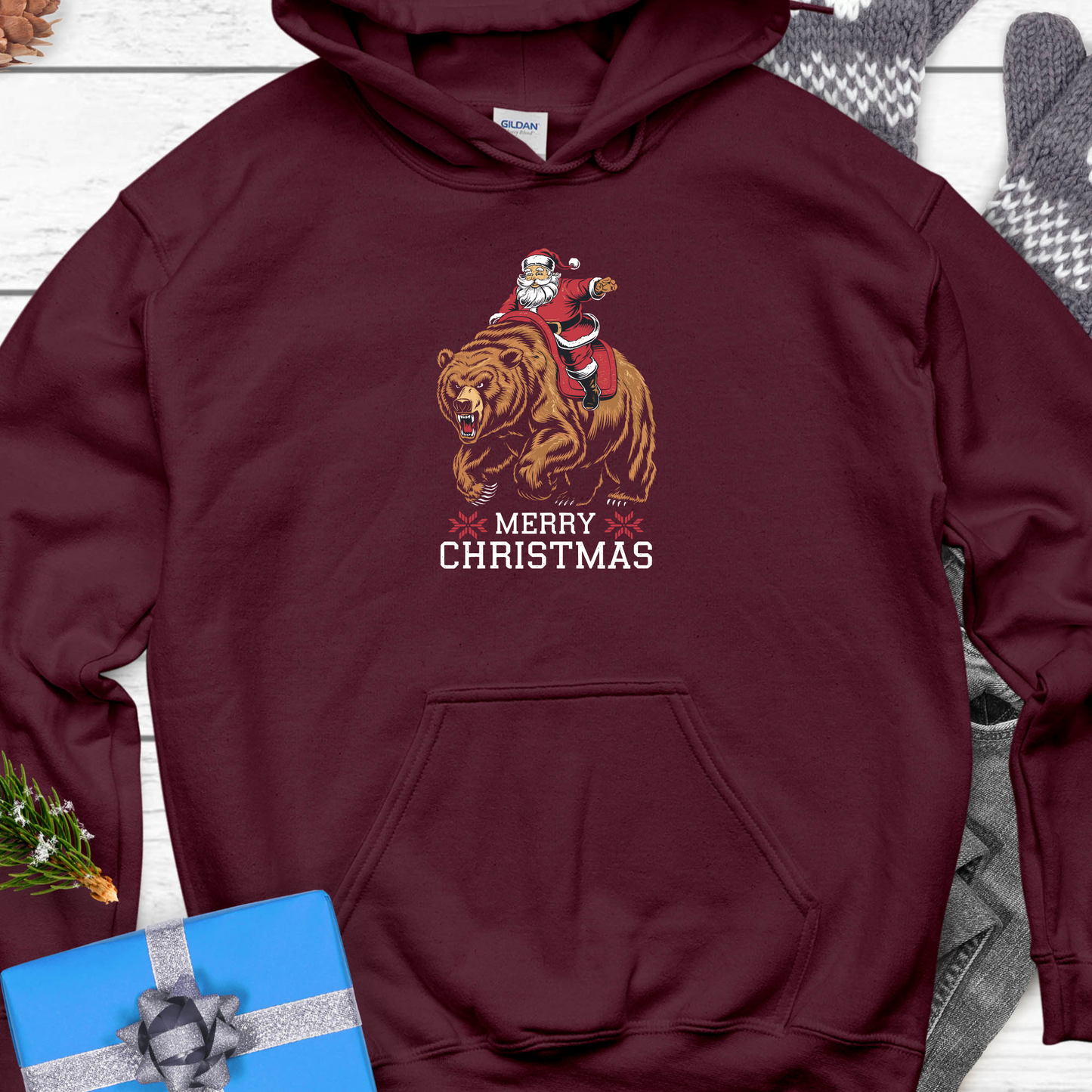 Merry Christmas Santa Riding a Grizzly Bear Unisex Heavy Blend™ Hooded Sweatshirt