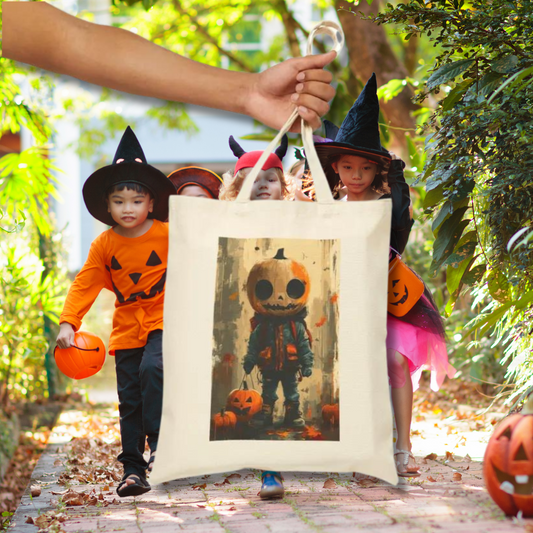 Playful Trick Or treater Pumpkin Head Cotton Canvas Tote Bag